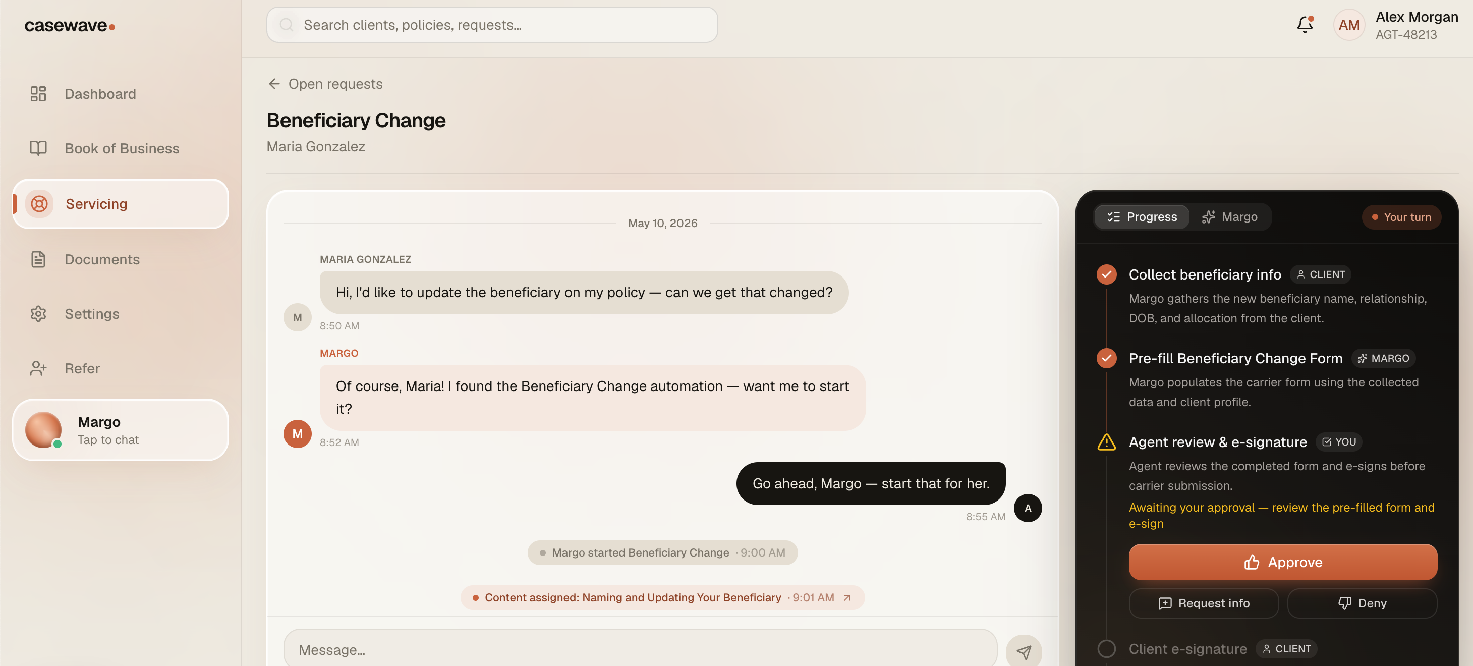 Casey handling a beneficiary change request in Casewave